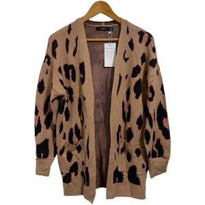 ZESICA NWT Leopard Print Cardigan Sweater Open Front Pockets‎ Tan Black Pink M